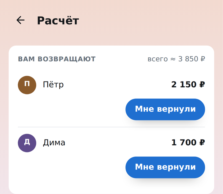 Расчёт: Пётр и Дима возвращают Ане